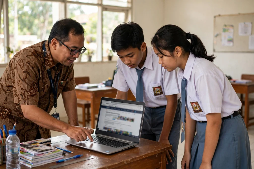 Guru dan siswa melihat halaman website sekolah di layar laptop