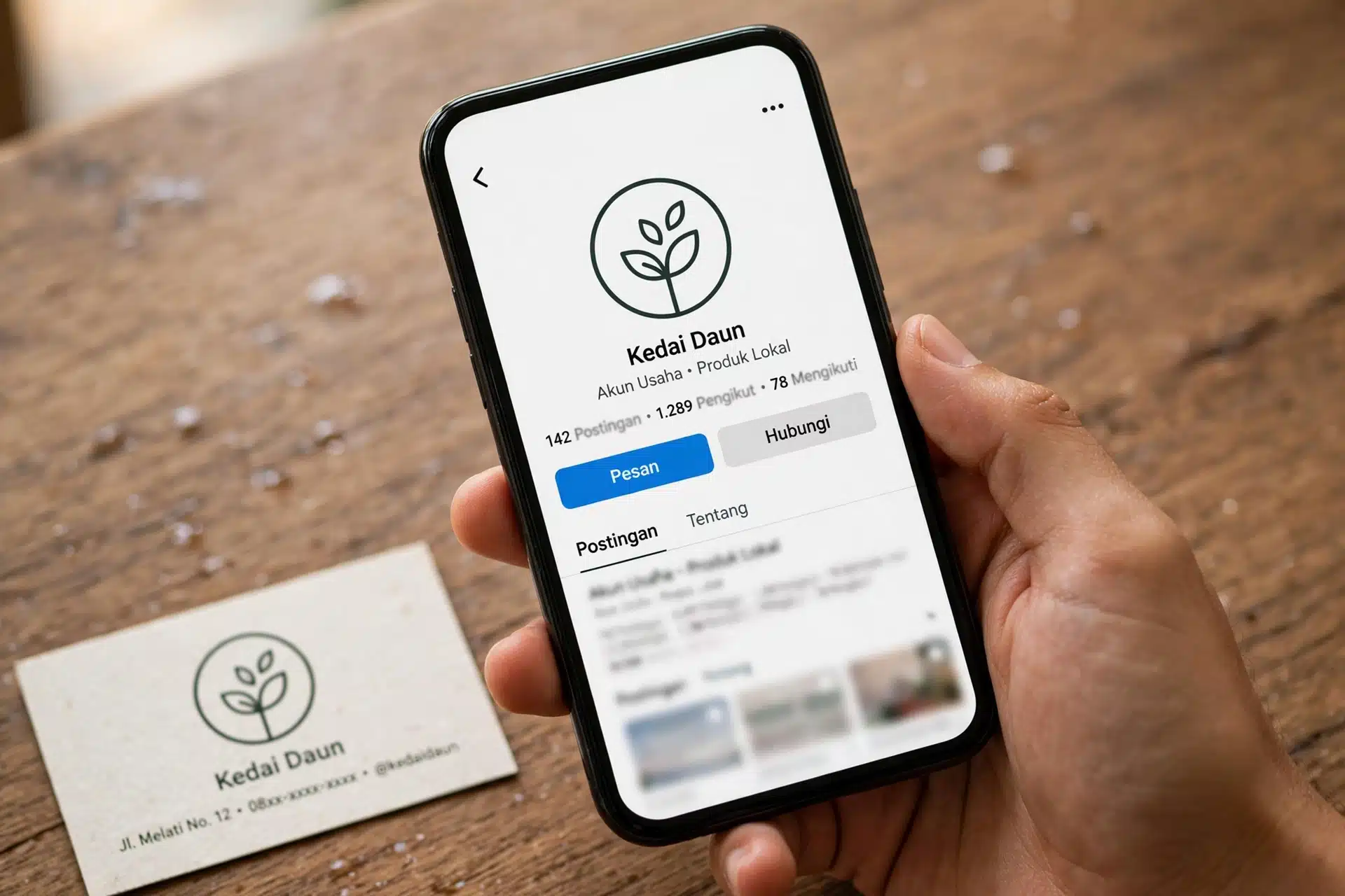Hasil jasa desain logo dipakai konsisten pada profil akun usaha dan kartu nama