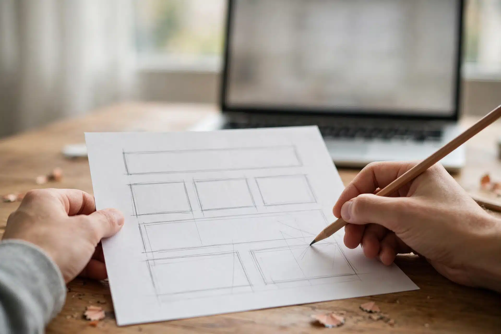 Tangan menggambar kerangka halaman website di kertas, tahap perencanaan sebelum membuat website