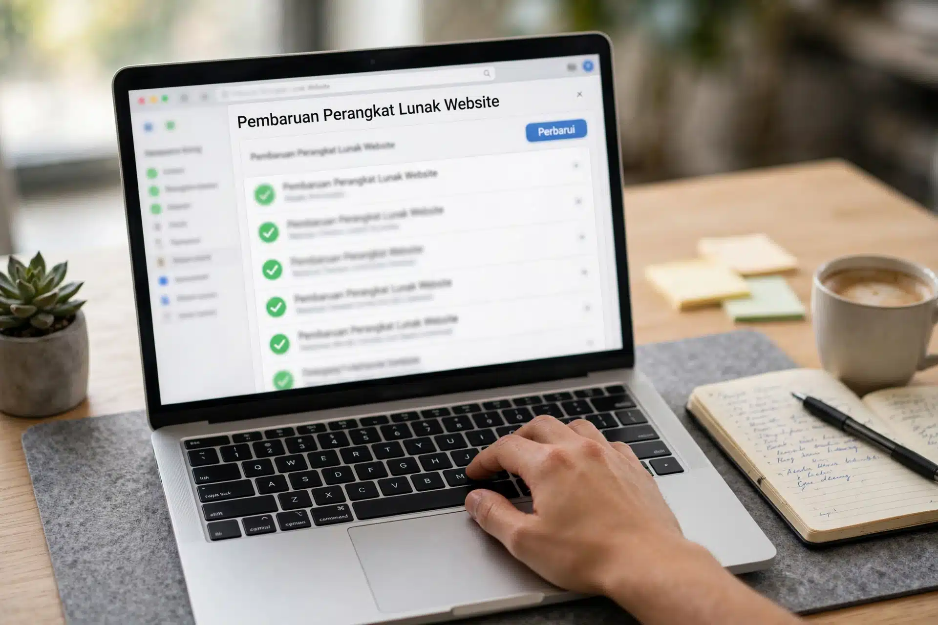 Layar panel admin menampilkan daftar pembaruan perangkat lunak pada maintenance website
