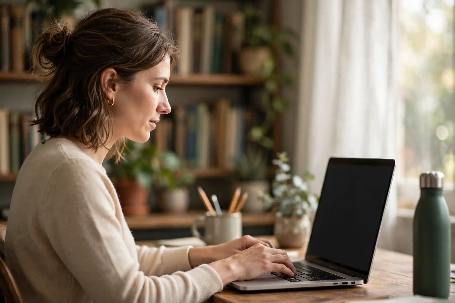 Menulis artikel konten marketing di laptop di ruang kerja rumahan sebagai bagian strategi content marketing