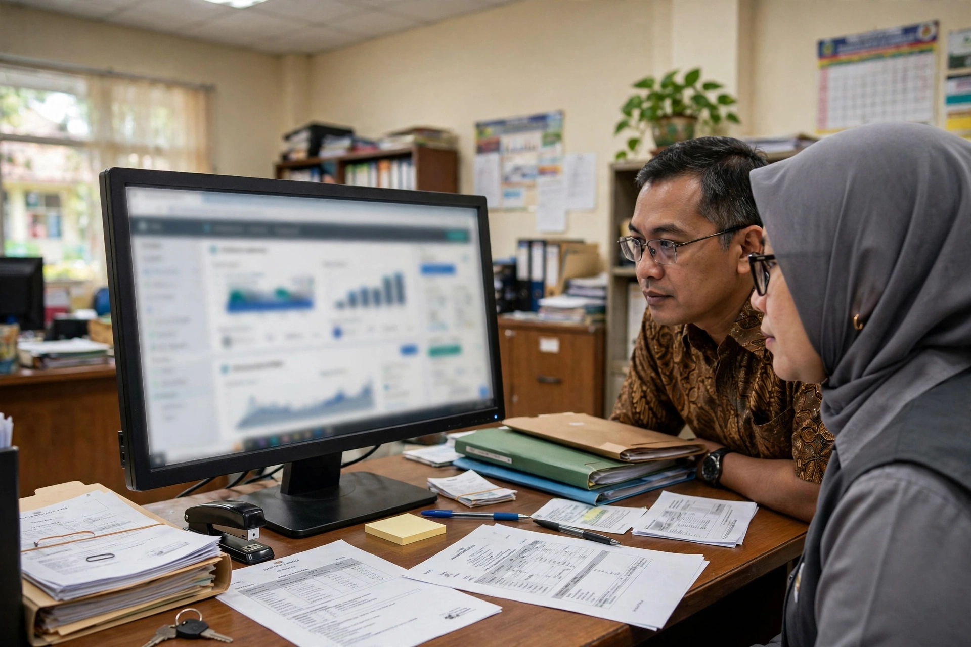 Kepala sekolah dan staf memeriksa dashboard pengelolaan website sekolah