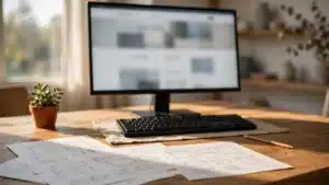 Meja kerja dengan monitor menampilkan rancangan halaman website dan sketsa wireframe di kertas