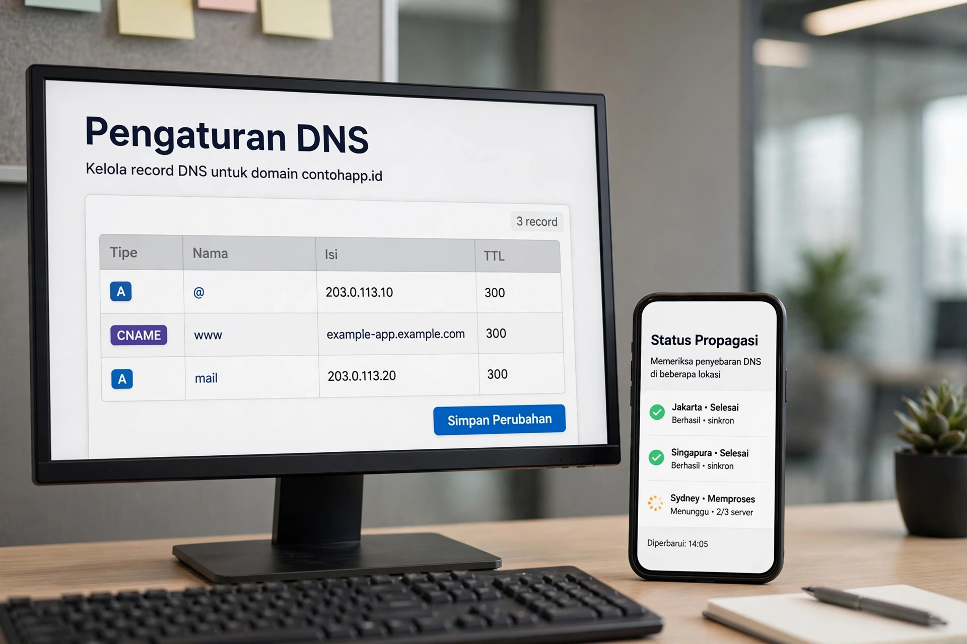 Panel pengaturan DNS dengan record A dan nilai TTL rendah pada cara pindah hosting website