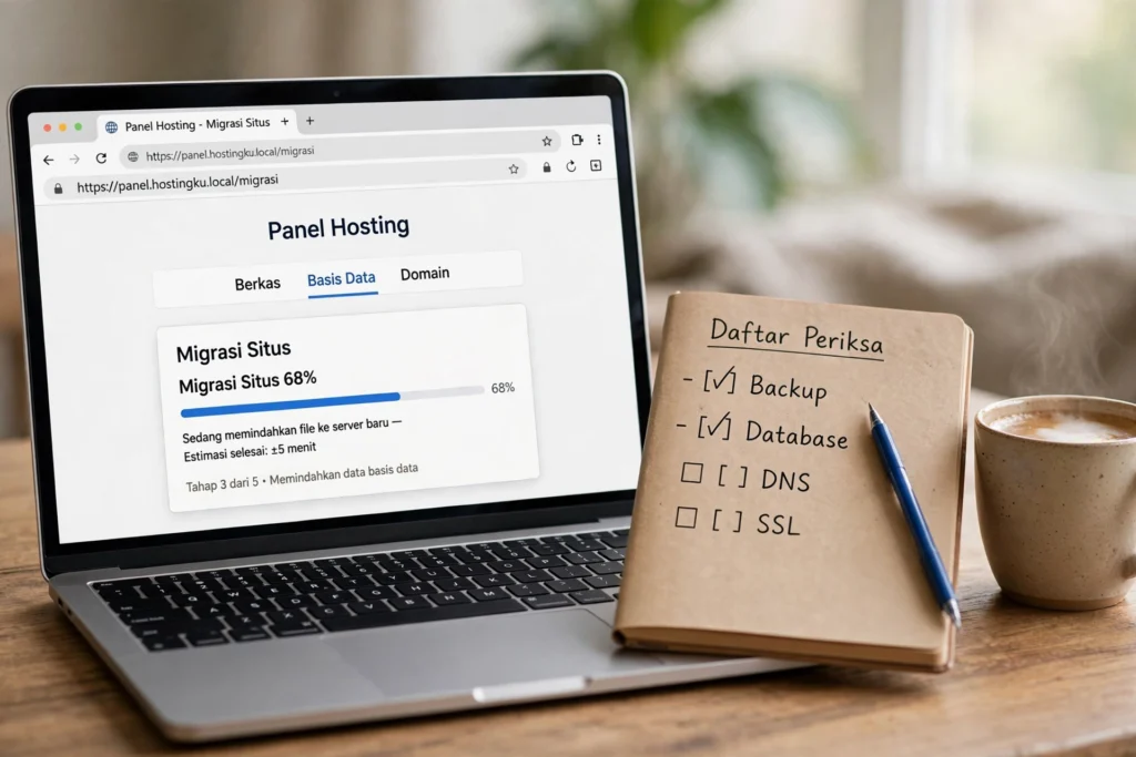 Panel hosting menampilkan status migrasi situs sebagai langkah cara pindah hosting