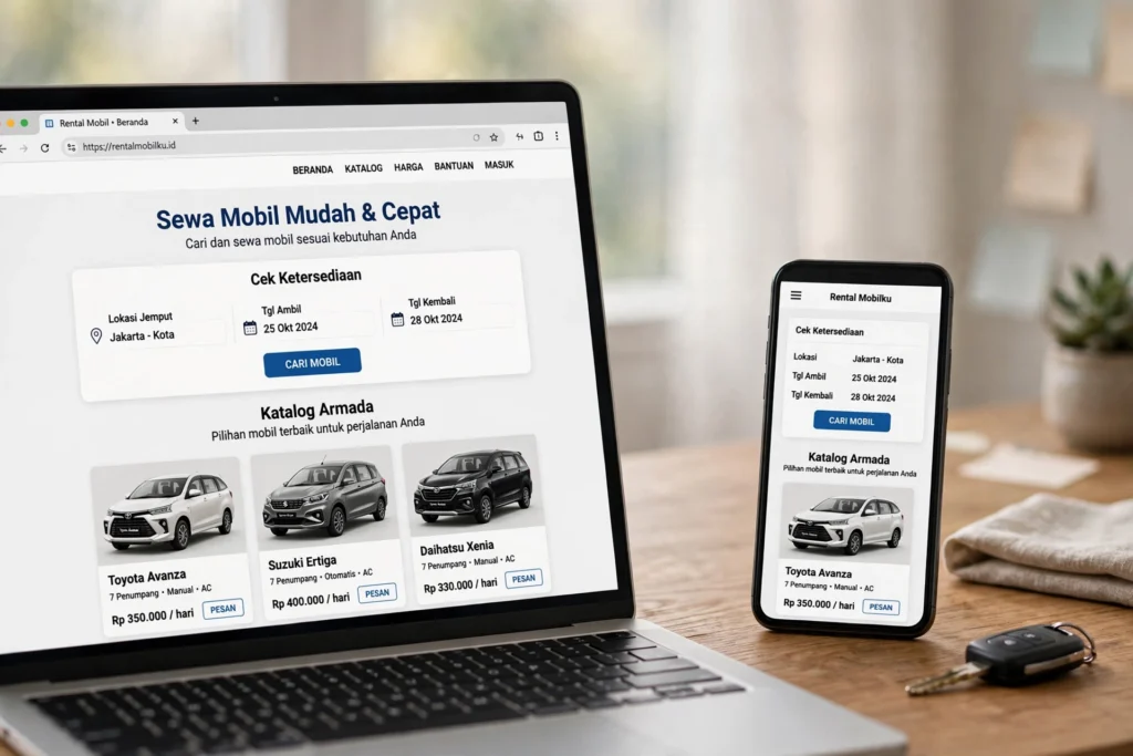 Halaman beranda website rental mobil dengan katalog armada dan form cek ketersediaan di laptop serta ponsel