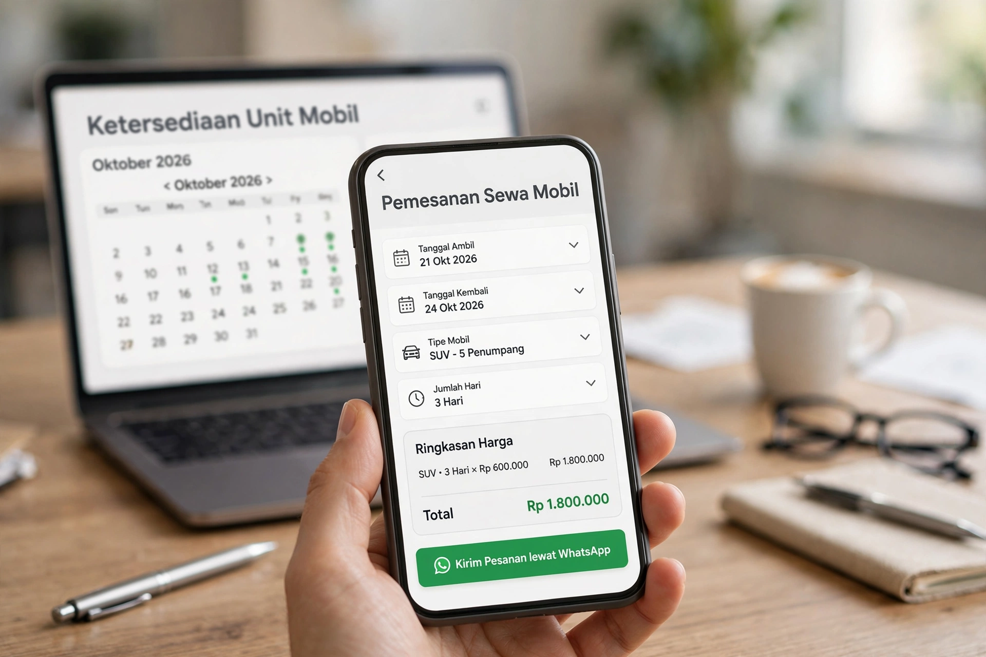 Form pemesanan sewa mobil pada website rental mobil di layar ponsel dengan tanggal ambil, ringkasan harga, dan tombol kirim lewat WhatsApp