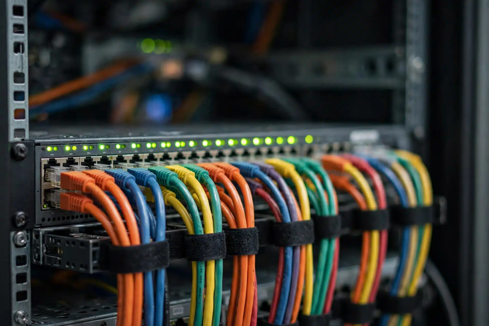 Kabel jaringan tersusun rapi di rak server, bagian yang perlu diperiksa saat memilih hosting