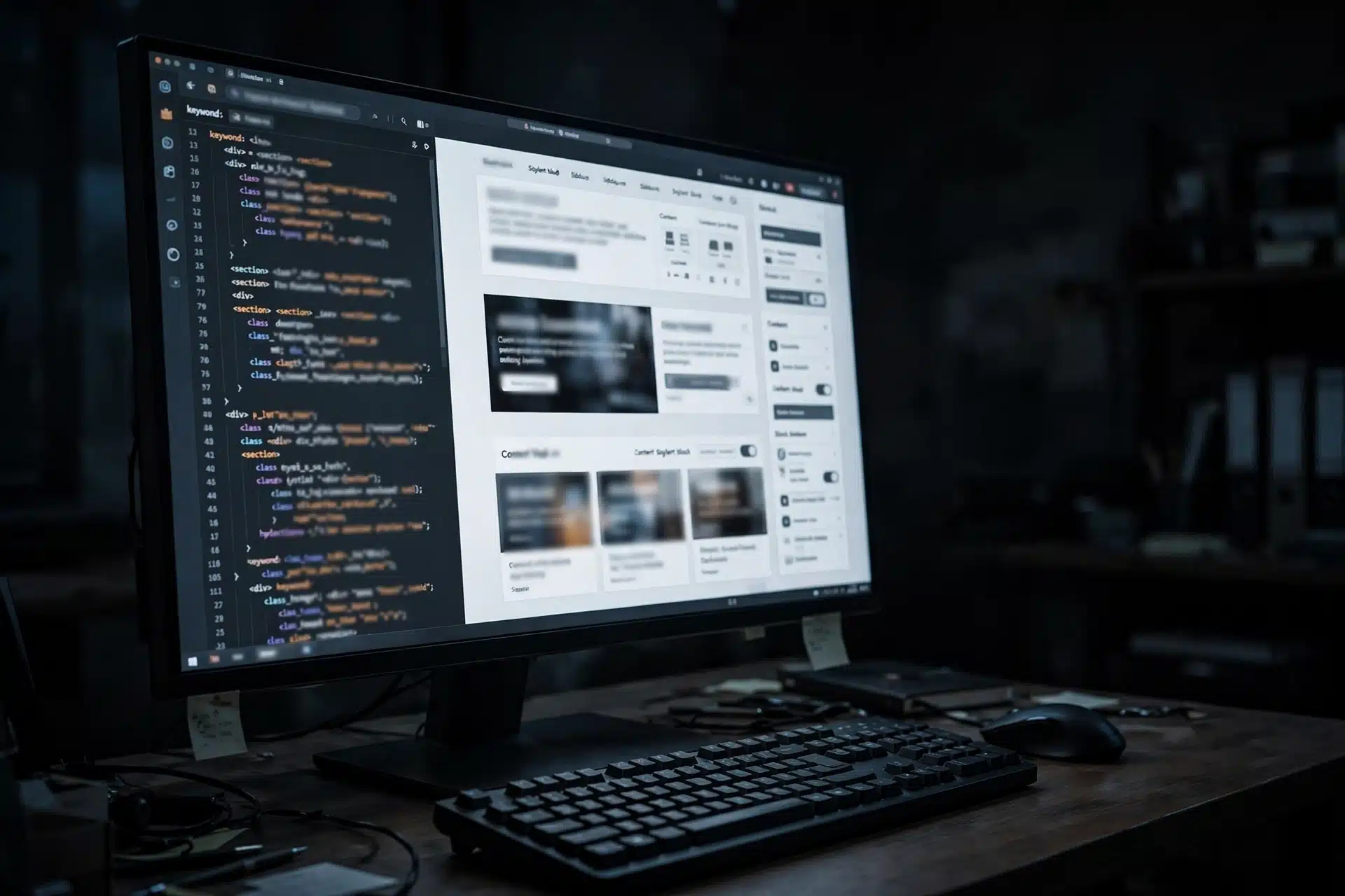 Mengerjakan halaman website di editor dengan kode dan tata letak pada tahap development