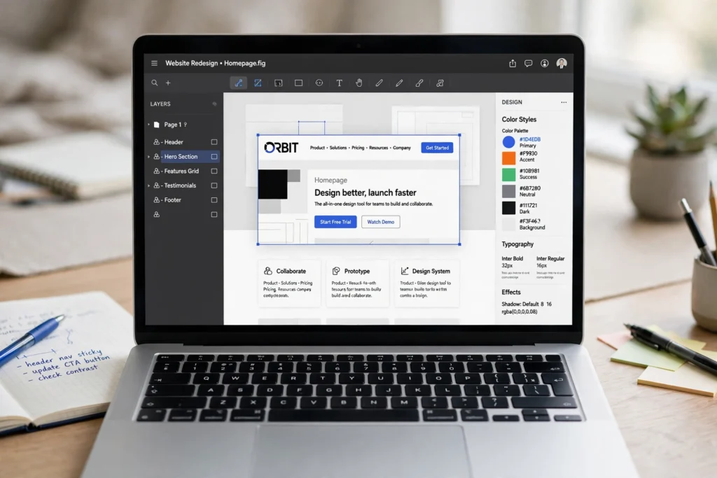 Tampilan file desain UI website di layar laptop dengan artboard halaman, panel warna, dan daftar komponen, gambaran pekerjaan UI UX