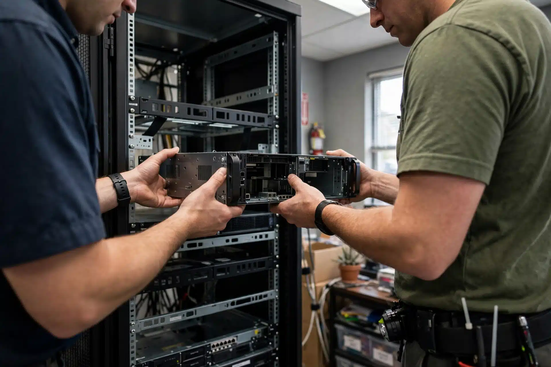 Teknisi memasang unit server di rak dalam proses penyiapan hosting yang tepat untuk bisnis