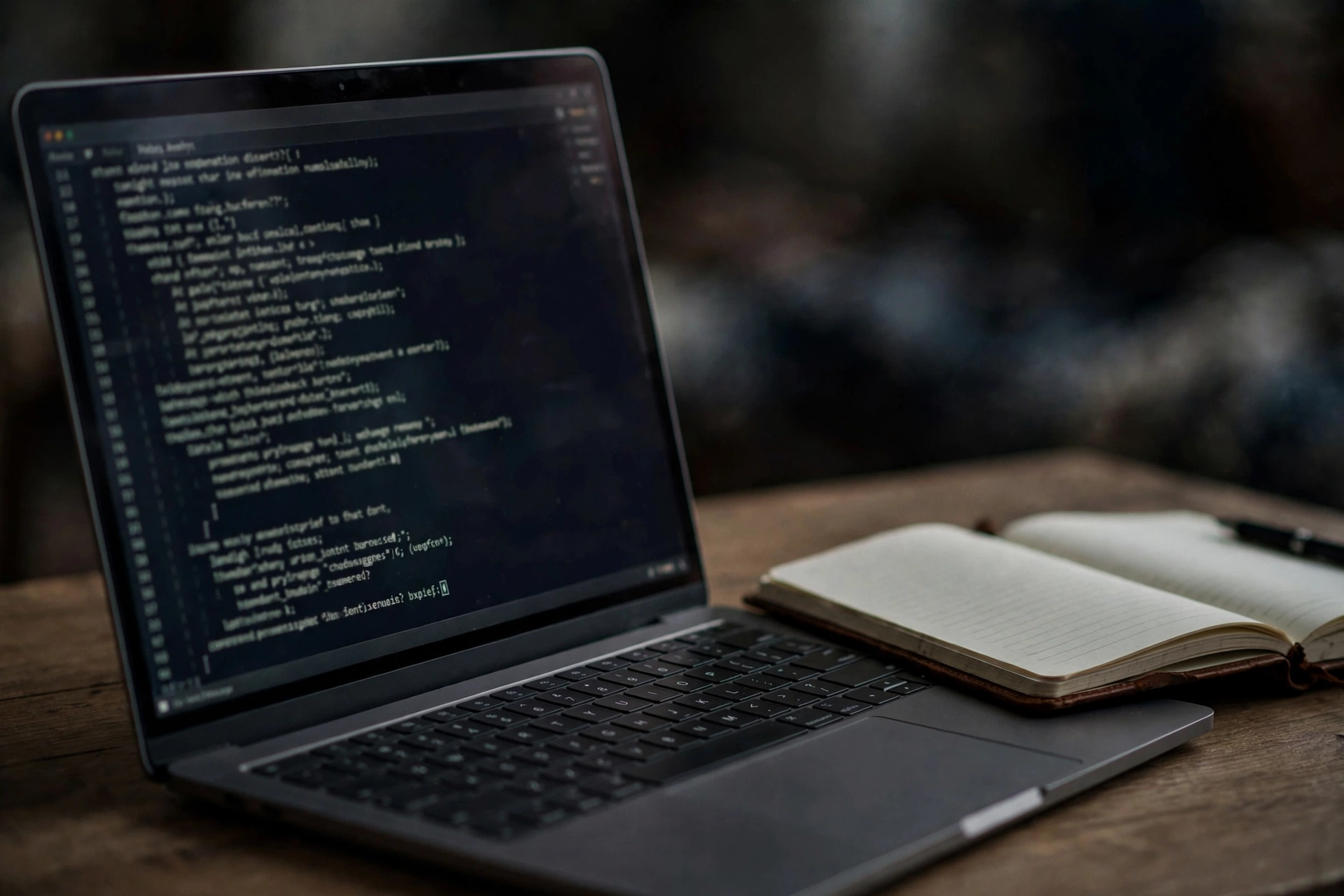 Layar laptop dengan baris kode, gambaran pengelolaan teknis server VPS