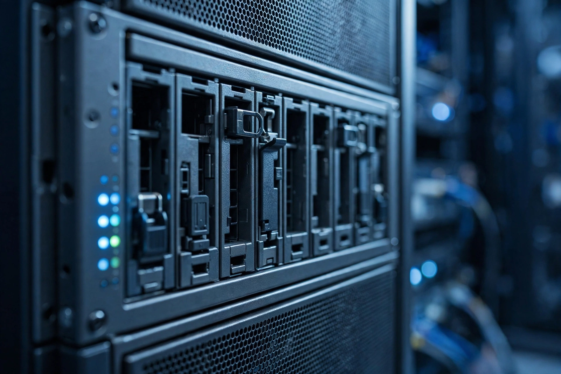 Panel depan unit server rack, gambaran server fisik yang menjalankan beberapa VPS