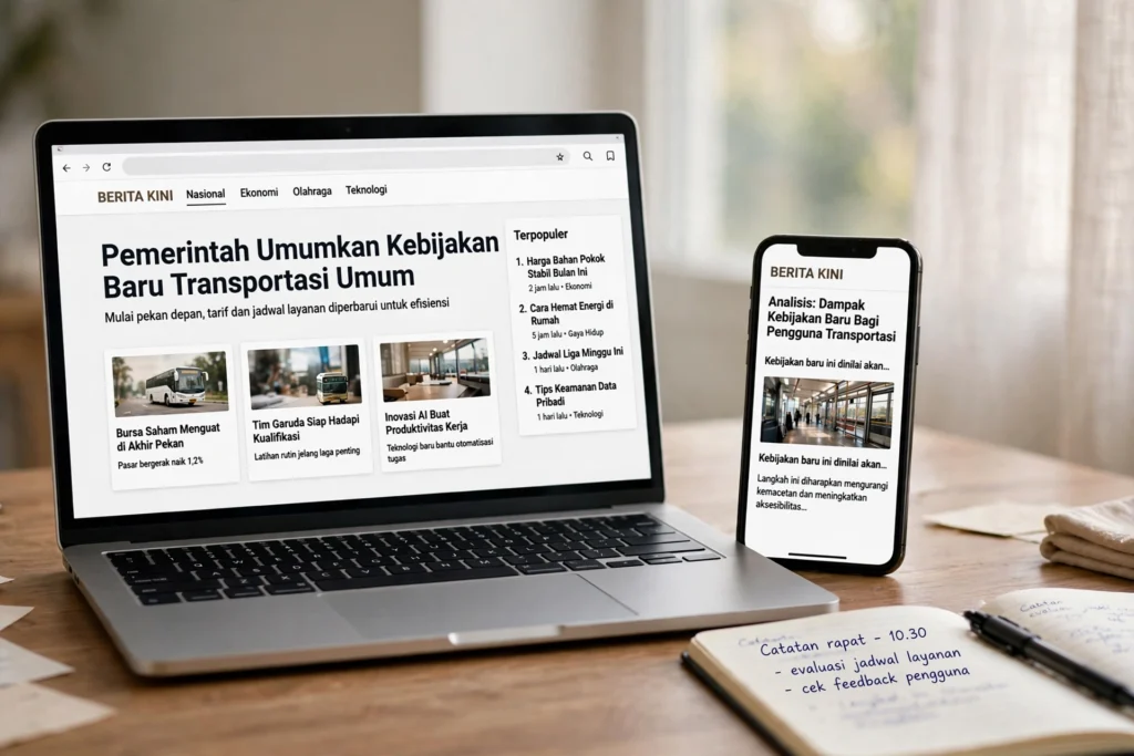 Beranda website berita dengan judul berita utama dan kategori nasional ekonomi olahraga di laptop serta ponsel
