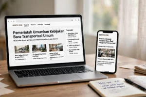 Beranda website berita dengan judul berita utama dan kategori nasional ekonomi olahraga di laptop serta ponsel
