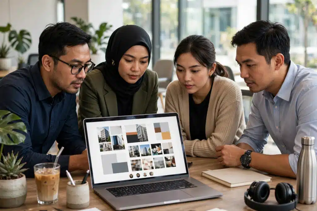 Tim perusahaan membahas tampilan website company profile di layar laptop