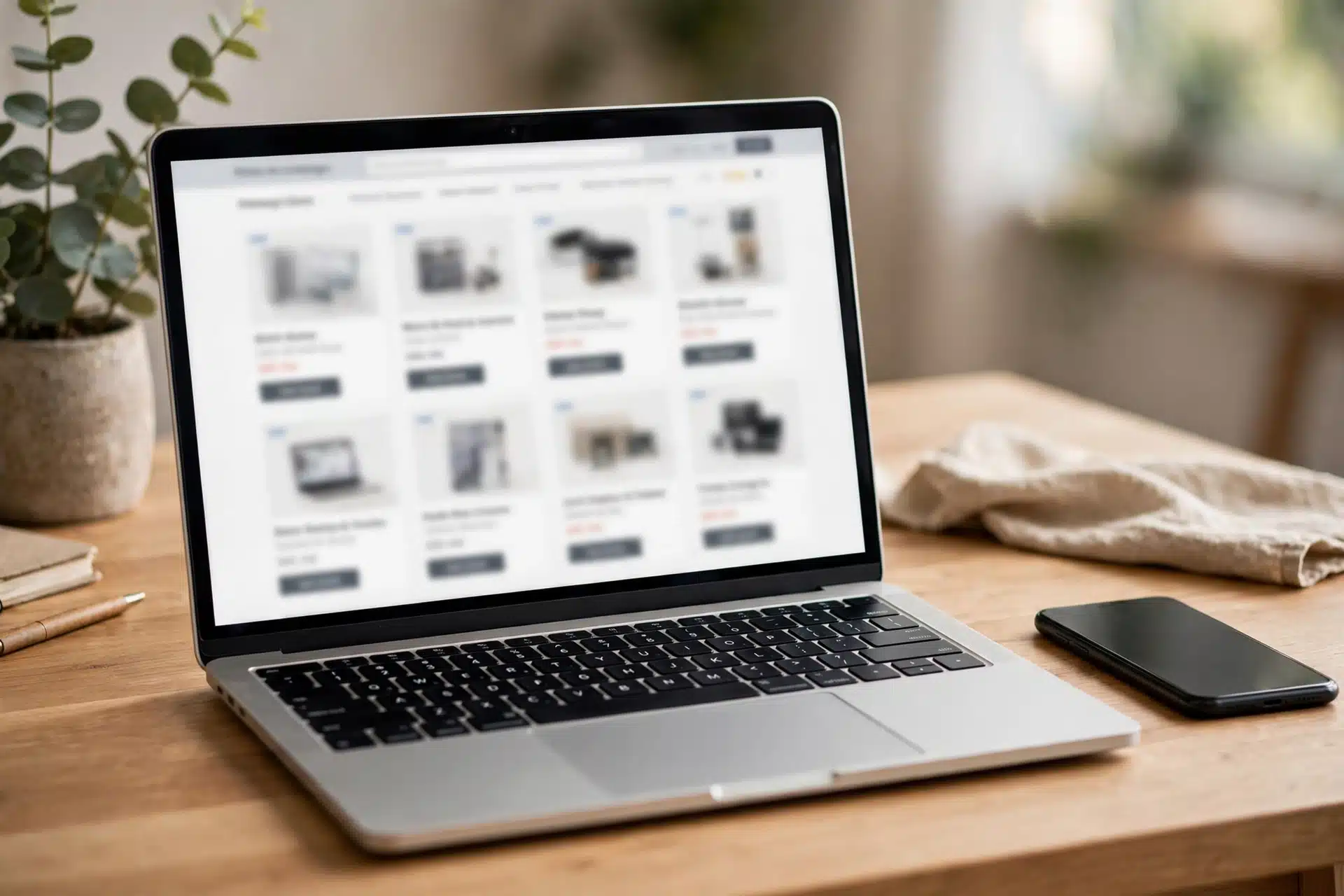 Tampilan website katalog produk berisi kisi produk dan harga di laptop