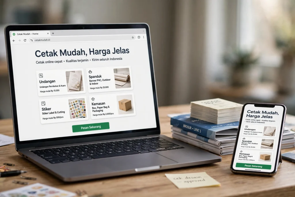 Website percetakan menampilkan katalog produk cetak dan harga mulai di laptop serta ponsel