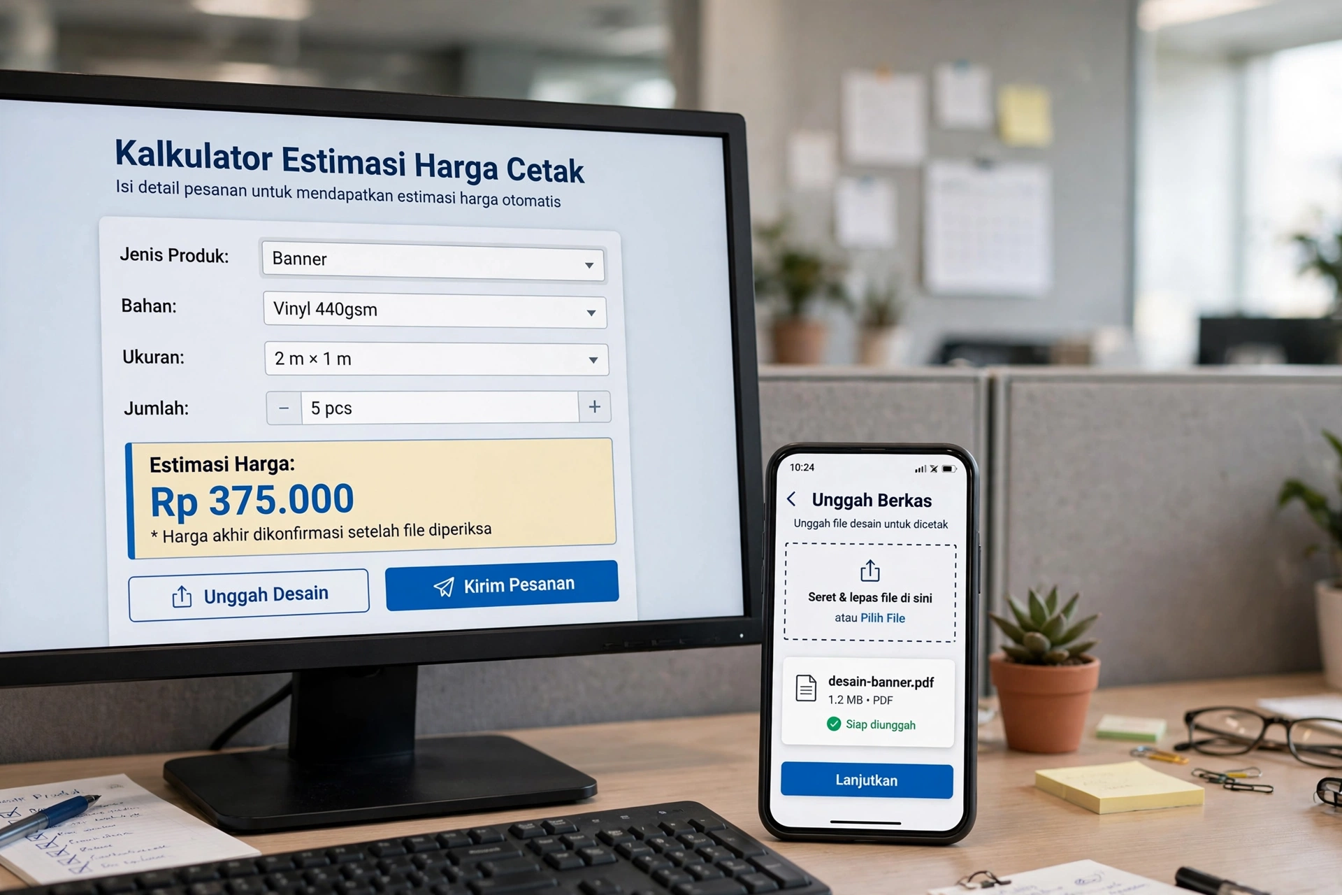 Kalkulator estimasi harga dan unggah desain pada website percetakan di layar laptop