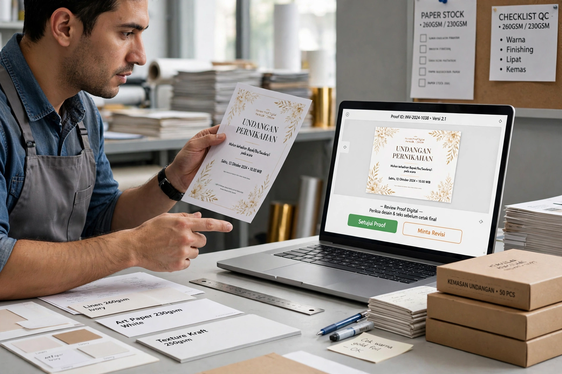 Petugas percetakan memeriksa proof hasil cetak sebelum pesanan dari website percetakan diproduksi