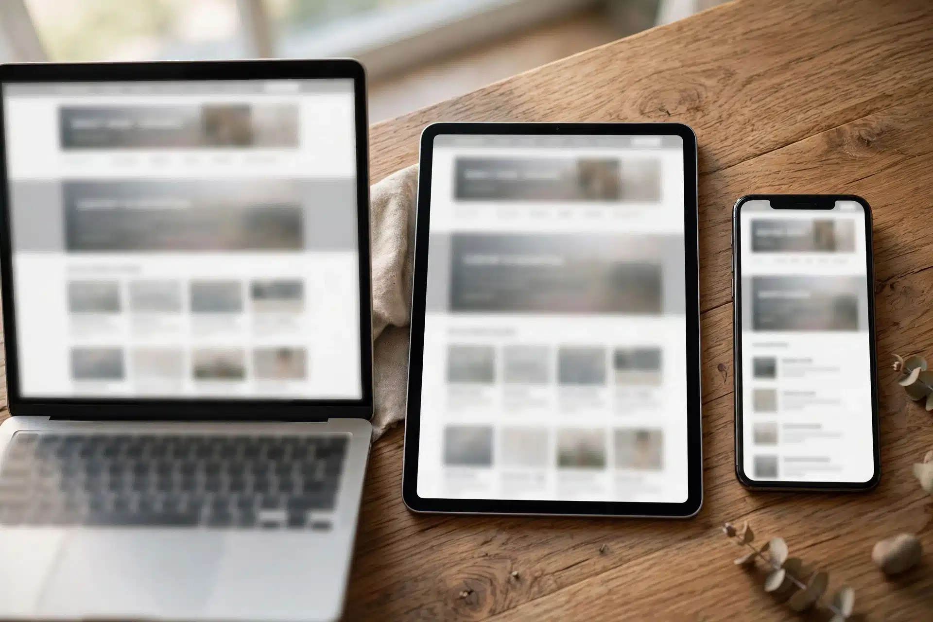 Laptop, tablet, dan ponsel menampilkan halaman website yang sama, contoh tampilan website yang bisa dibuka di berbagai perangkat