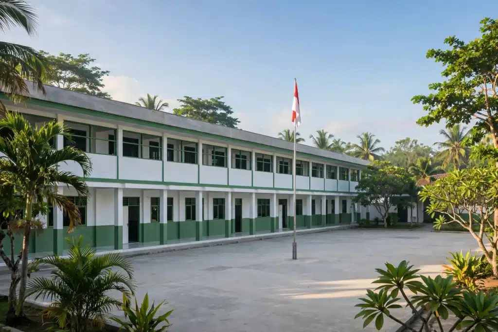 Gedung sekolah dengan halaman dan tiang bendera, ilustrasi cara membuat website sekolah