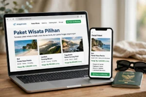 Beranda website travel dengan kartu paket wisata beserta harga di laptop dan halaman paket di ponsel