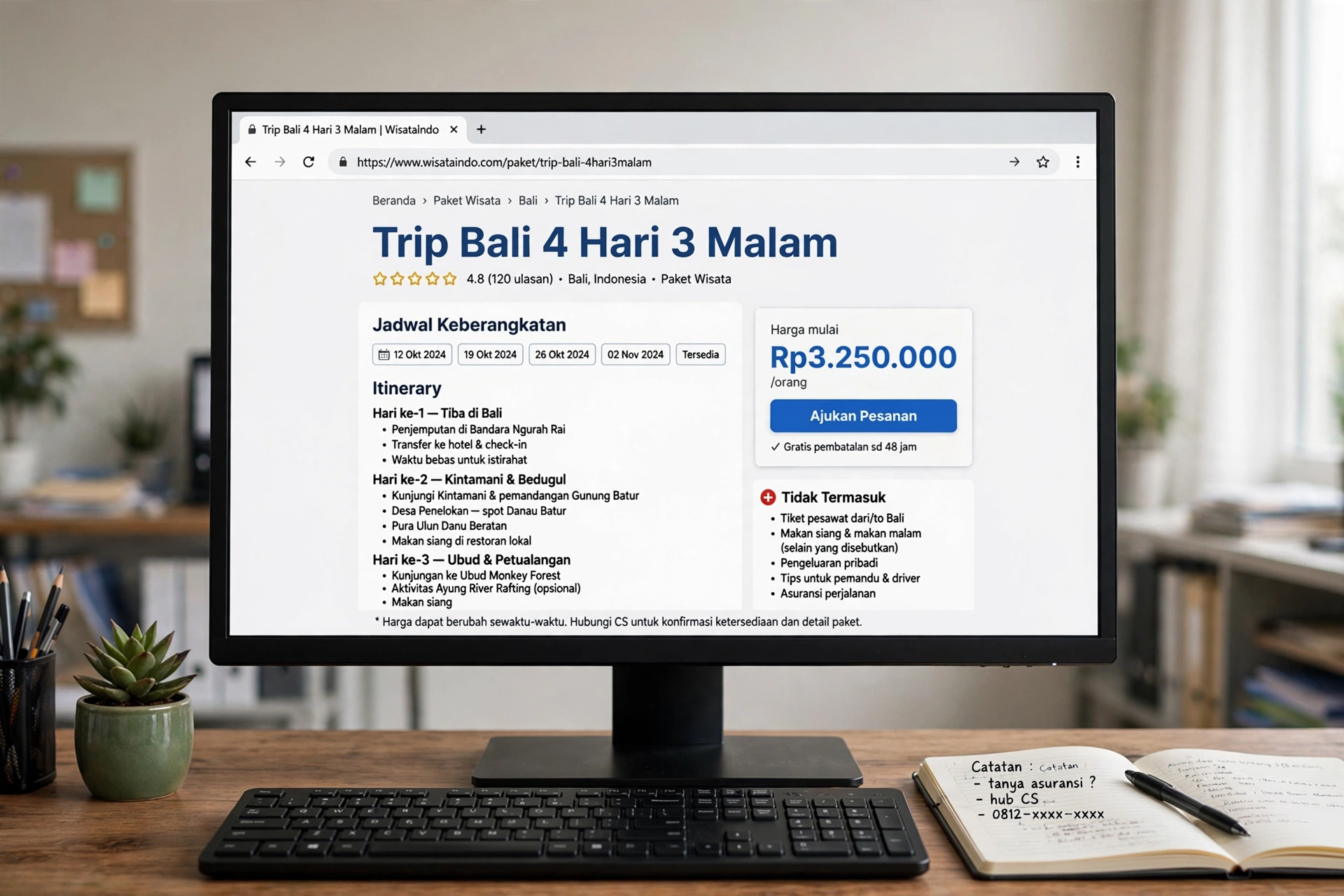 Halaman paket website travel agent menampilkan itinerary harian, jadwal keberangkatan, dan harga per orang