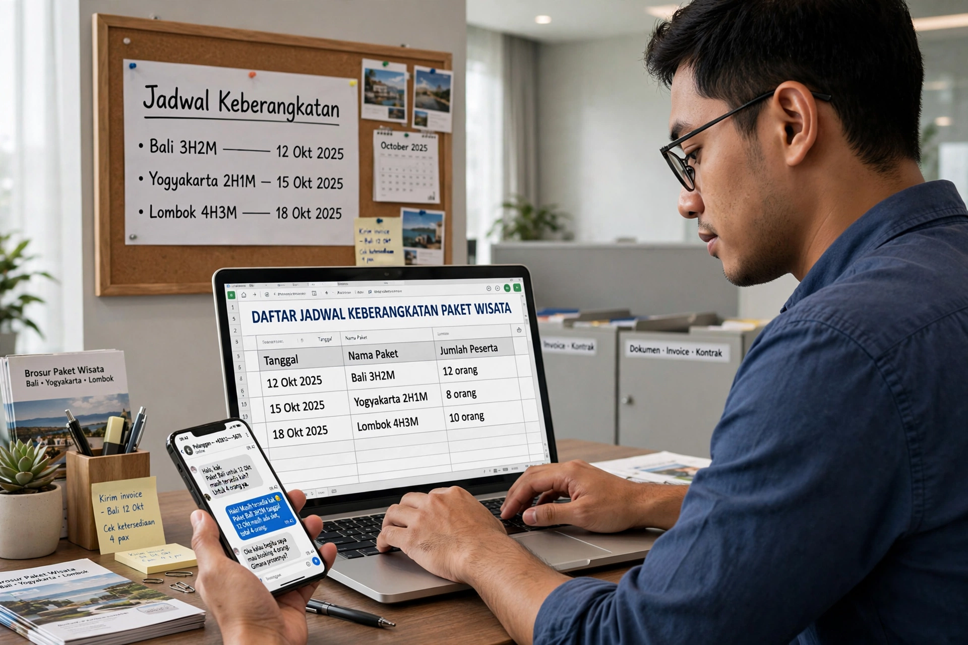 Petugas travel agent mengelola jadwal keberangkatan paket wisata pada website travel dan membalas permintaan pelanggan