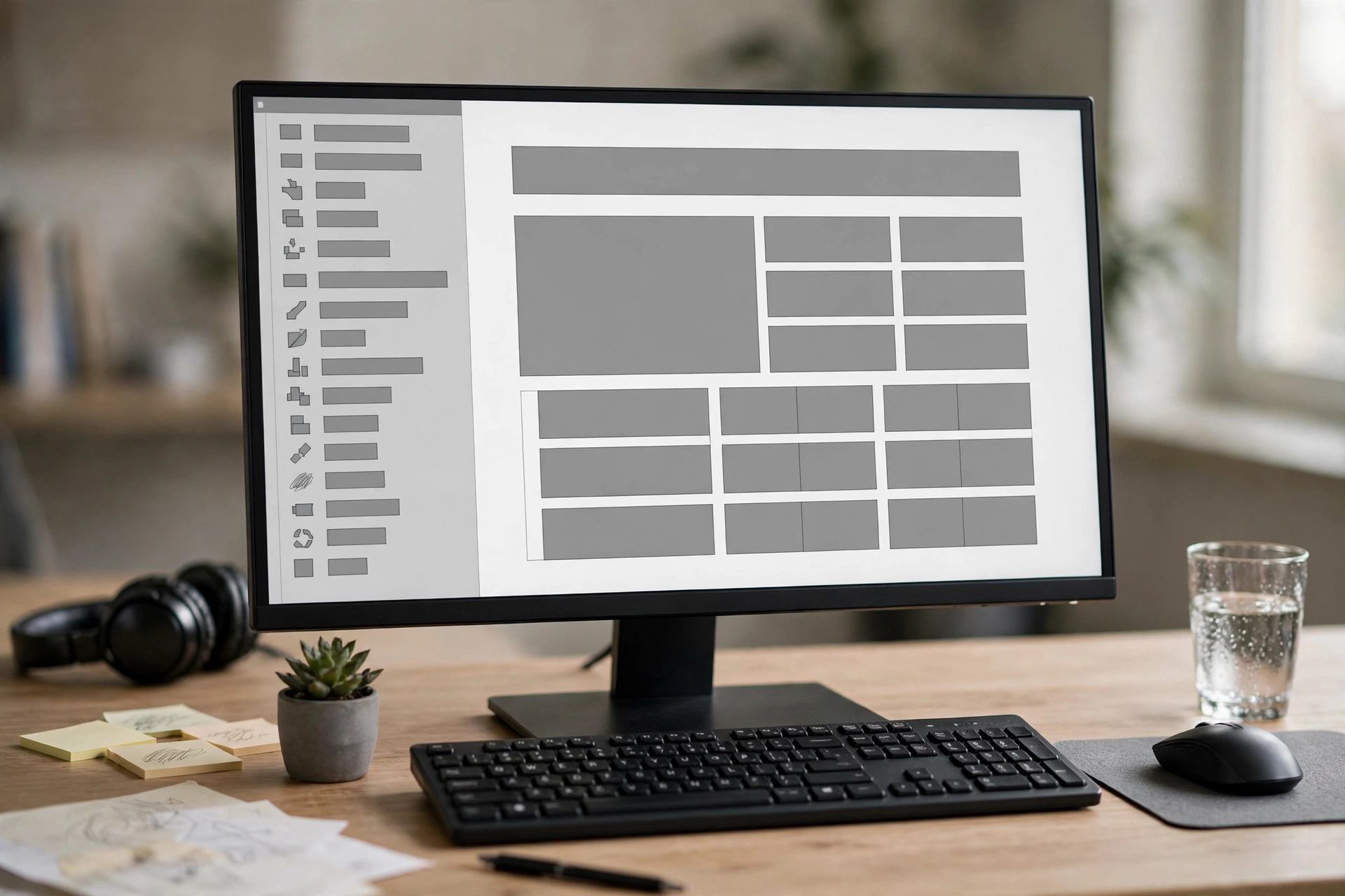 Kanvas alat wireframe di monitor dengan blok susunan halaman abu-abu