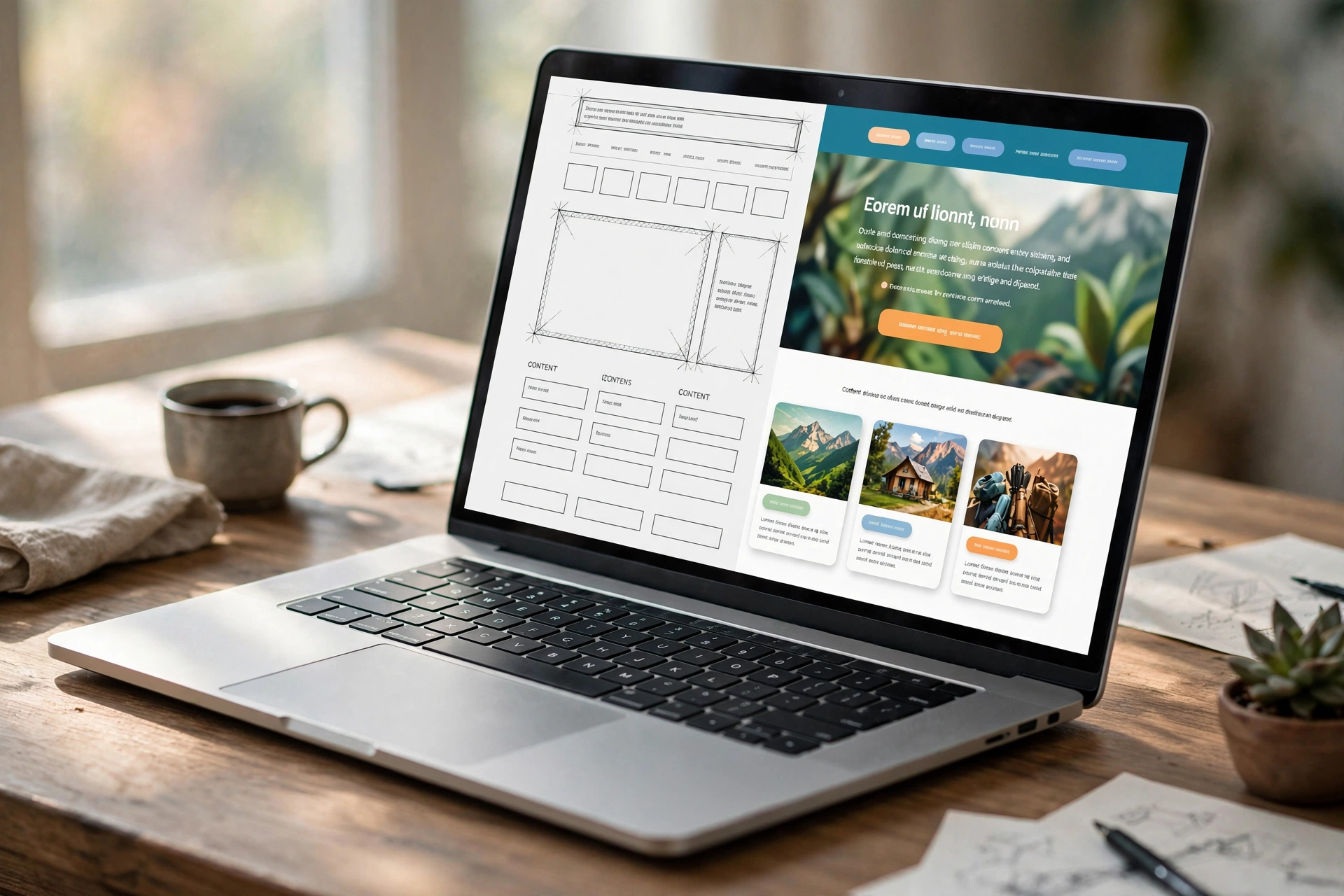 Perbandingan wireframe abu-abu dan desain website final di layar laptop