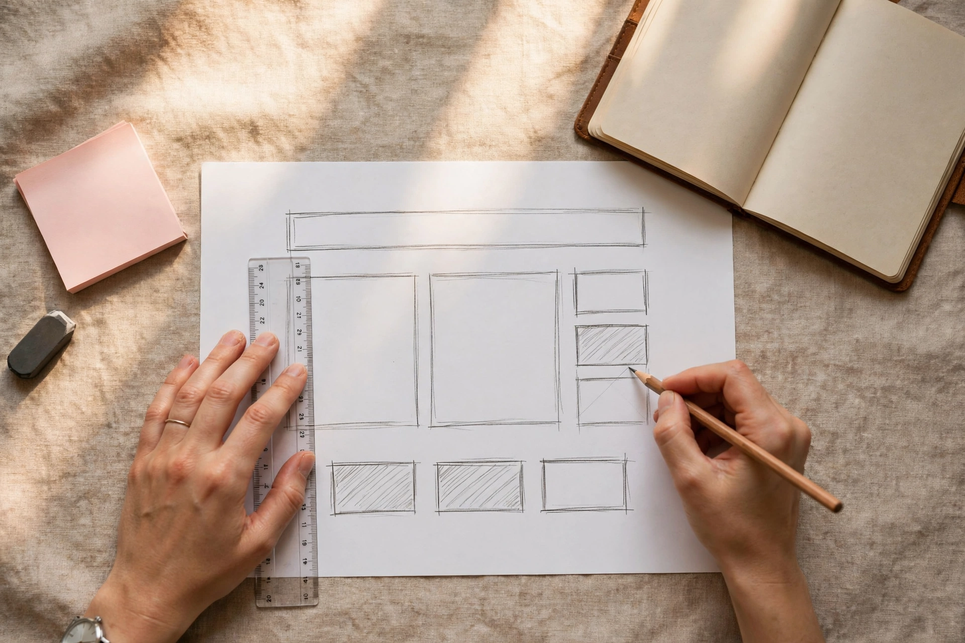 Sketsa tata letak website digambar tangan di kertas, contoh wireframe sederhana