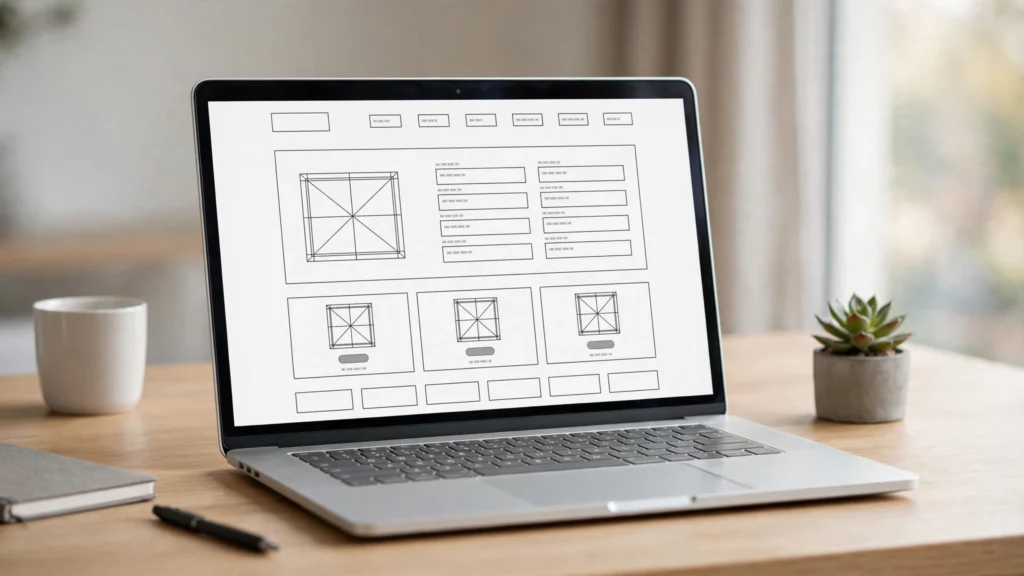 Laptop menampilkan wireframe situs berisi kotak dan placeholder gambar, gambaran apa itu wireframe