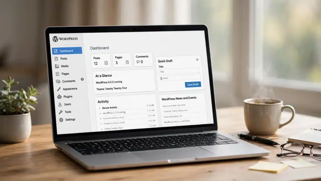 Laptop menampilkan dashboard WordPress, gambaran apa itu WordPress sebagai sistem manajemen konten