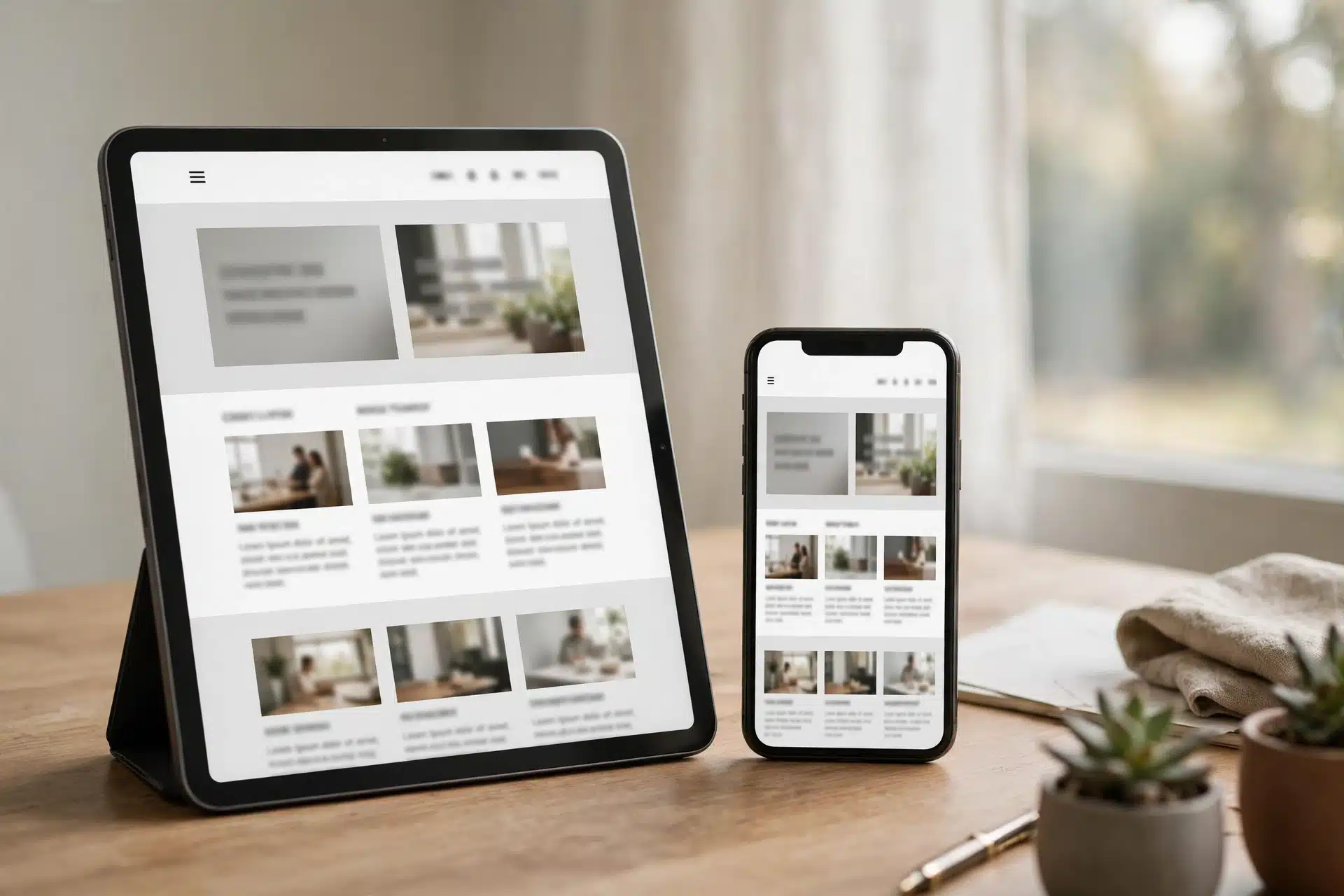 Tablet dan ponsel menampilkan website WordPress yang sama dalam tata letak responsif